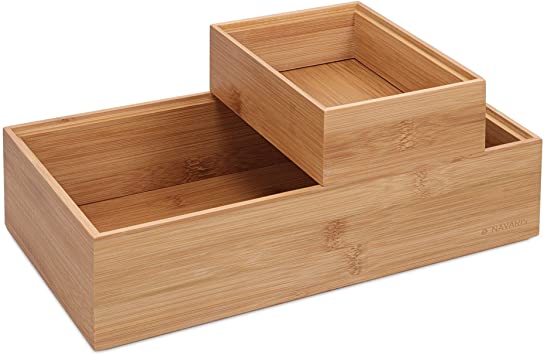 Navaris Bamboo Storage Boxes - Set of 2 Wood Stackable Box Organizers for Bedroom, Kitchen, Bathroom, Living Room, Makeup, Jewelry, Accessories