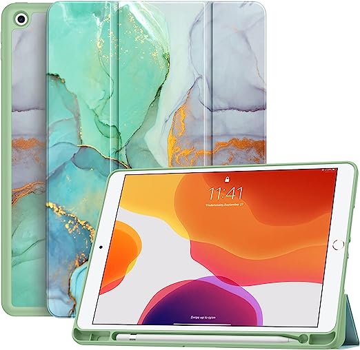 Soke New iPad 10.2 Case with Pencil Holder for iPad 9th Generation 2021 /8th Gen 2020/7th Gen 2019- Premium Shockproof Case with Soft TPU Back Cover & Auto Sleep/Wake for iPad 10.2 Inch,Emerald Marble