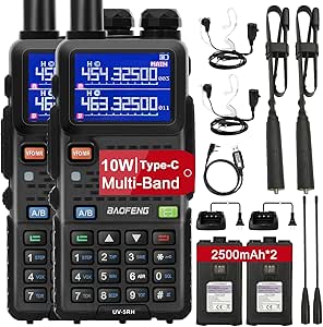 BAOFENG UV-5RM 10W Ham Radio, GMRS Handheld Radio Long Range with Tactical Antenna, Portable Two Way Walkie Talkie for Adults 5RM Multi-Band Radio with Air Duct Earpiece & 2500mAh Type-C Battery