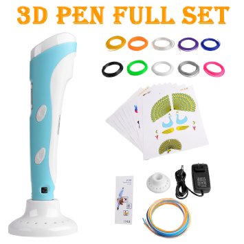 Plusinno® DIY Scribbler 3D Printer Pen with LCD Screen for 3D Scribbler Printing,Drawing and Doodling   13 PLA Filament(10 Different Colors)   10 Paper Models for Practice (Blue)