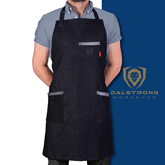 Dalstrong Professional Chef's Kitchen Apron - The Night Rider - 100% Cotton Black Denim - 4 Storage Pockets - Liquid Repellent Coating - Genuine Leather Accents - Adjustable Straps