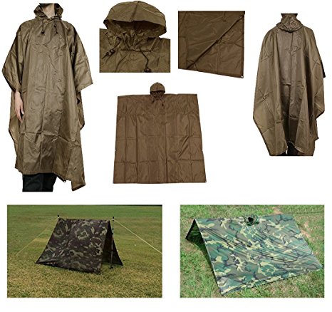 Waterproof Rip Stop Coyote Tan Military G.I. Style Poncho Tent Shelter