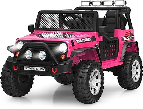 Costzon 2-Seater Ride on Truck, 12V Battery Powered Electric Vehicle w/Remote Control, 2 Speeds, Spring Suspension, LED Light, Horn, Music/ MP3, 2 Doors Open, Ride on Car for Kids (Pink)