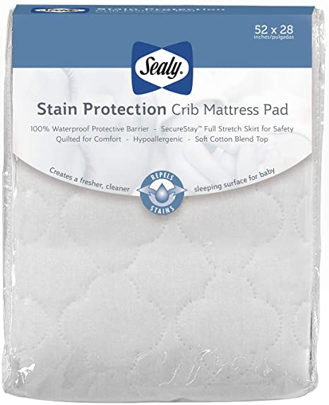 Sealy Stain Protection Waterproof Fitted Crib/Toddler Mattress Pad Cover Protector -100% Waterproof Layer, Hypoallergenic, Deep Fitted Skirt, Machine Washable & Dryer Friendly 52”x28” (White)