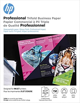 HP Professional Tri-fold Business Paper, Glossy, 8.5x11 in, 48 lb, 150 sheets, works with inkjet, PageWide, laser printers (4WN12A)