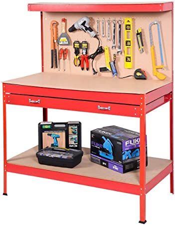 Goplus Steel Workbench Tool Storage Work Bench Workshop Tools Table W/Drawer and Peg Board