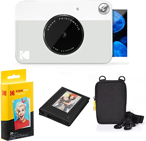 Kodak Printomatic Instant Camera Bundle (Grey) Zink Paper (20 Sheets) - Case - Photo Album - Hanging Frames.