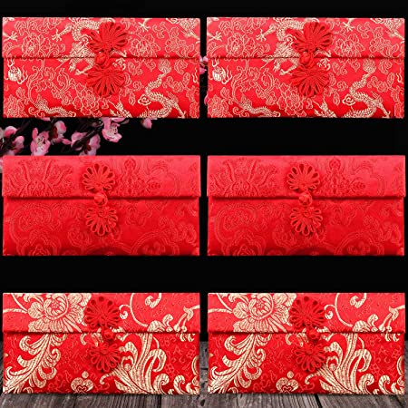 6 Pieces Chinese New Year Envelopes Lucky Money Envelopes Silk Red Envelopes, HongBao Chinese Festive Red Embroidery Envelopes Gift Card with Knot for New Year, Birthday, Wedding