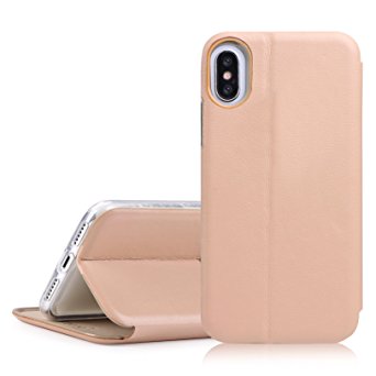 iphone X Case, FYY 100% Handmade Genuine Leather Wallet Case with Card Slot and Kickstand Function for iphone X Apricot (Kid Leather)