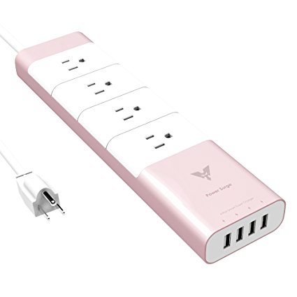 MAKETECH Aluminum 4-Outlet Surge Protector Power Strip with 4 USB Smart Charging Ports (6A/30W) and 5 Feet Power Cord, for Home, Office, Nightstand, Workbench & Dresser (Pink Gold)
