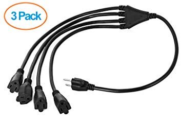 Aurum Cables 3 Prong 1-to-4 Power Cord Splitter Cable - Power Extension Cord - Cable Strip Outlet Saver - Outlet Splitter Electrical Cord - 3 Ft - 16AWG - UL approved - Black - 3 Pack