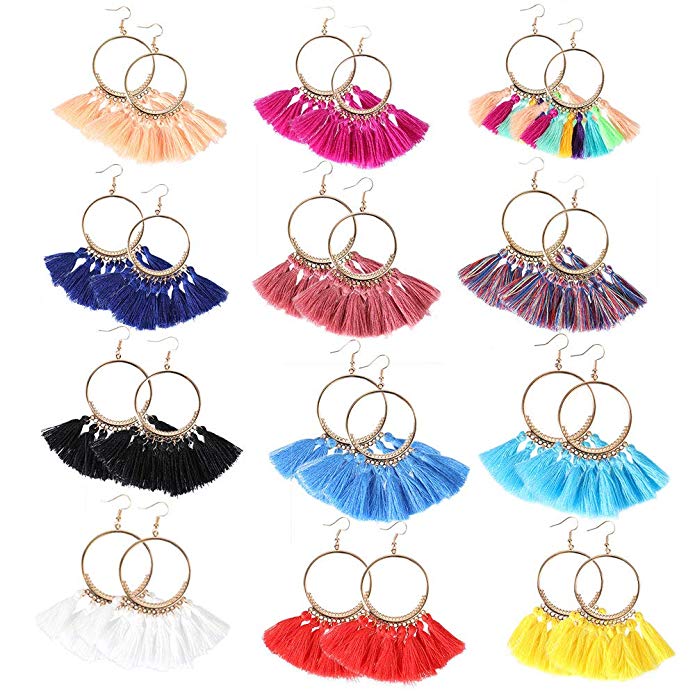 Colorful Tassel Hoop Earrings Bohemia Fan Shape Drop Earrings Dangle Hook Eardrop for Women Girls Party Gifts