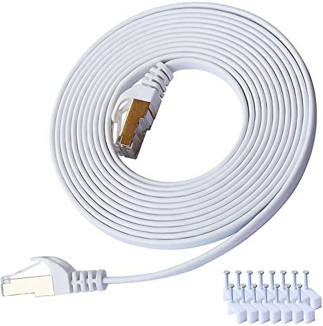 Cat 7 Ethernet Cable 15 ft LAN Cable Internet Network Cord for PS4, Xbox, Router, Modem, Gaming, White Flat Shielded 10 Gigabit RJ45 High Speed Computer Patch Wire.