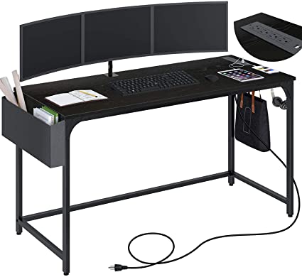 Rolanstar Computer Desk with Power Outlet, Home Office Writing Desk 55", Study Table with Side Storage Bag and Iron Hooks, Workstation, Modern Simple Style, Stable Metal Frame CPT002-BK140-RR