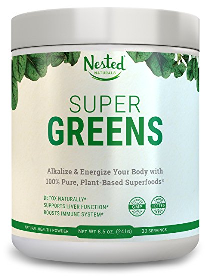 SUPER GREENS | #1 Green Veggie Superfood Powder | 20 Organic Food Ingredients: Spirulina, Chlorella, Spinach, and Barley Grass | Juice & Smoothie Drink with Probiotics   Enzymes | Soy & Gluten Free