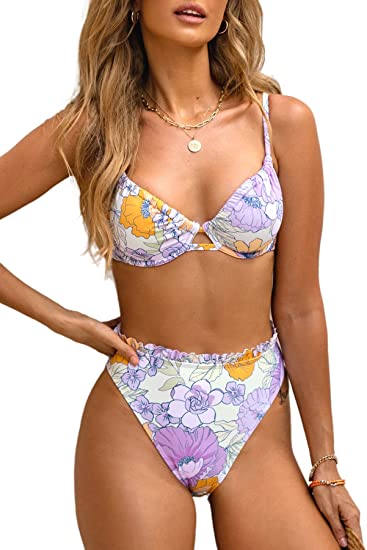 CUPSHE Women Swimsuit Bikini Set Two Piece High Waisted Drawstring Floral Bathing Suit with Underwire, XS Lavender