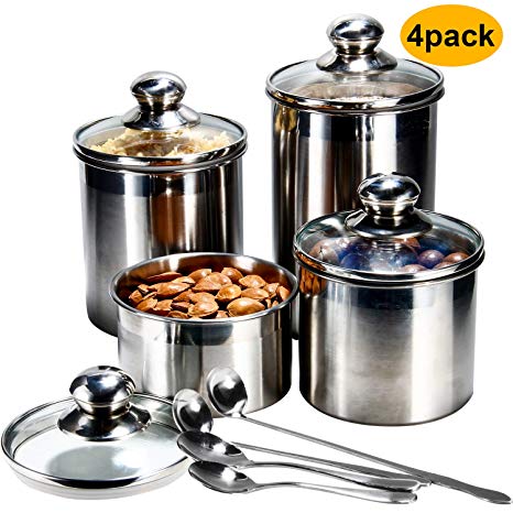 Woaiwo-q Food Storage Airtight Canister Set,4-Piece Stainless Steel Container with Clear Glass Lids and Spoons,For the Kitchen Counter Coffee Tea Nuts Sugar Flour