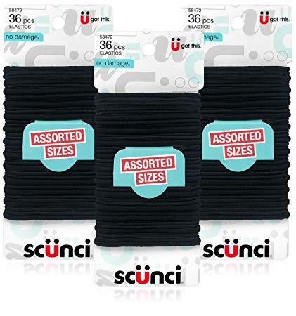 Scunci No Damage Assorted Size 4mm & 2mm Elastics, 36 Count (3-Pack)