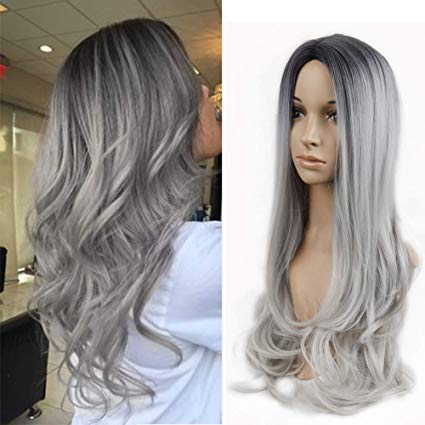 Lady Miranda Ombre Wig Black To Gray High Density Heat Resistant Synthetic Hair Weave Full Wigs For Women (Black&Gray)