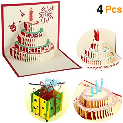 O'Hill 4 Pcs 3D Pop Up Birthday Cards Laser Cut Happy Birthday Greeting Cards with Bookmark