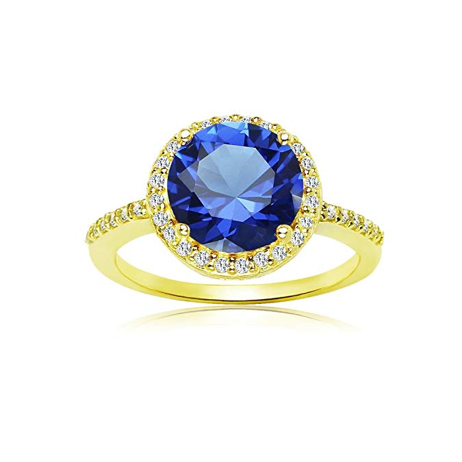Sterling Silver Simulated Blue Sapphire and Cubic Zirconia Round Halo Ring
