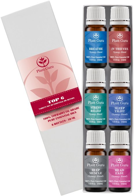 Essential Oil Blends Variety Set By Plant Guru - 6 Pack - 100 Pure Therapeutic Grade 10ml Set Includes- Breathe Thieves Stress Relief Deep Muscle Sleep Tight Head Ease