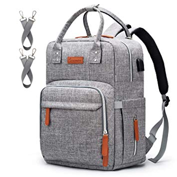 Diaper Bag Backpack Upsimples Multi-Function Maternity Nappy Bags for Mom & Dad, Travel Back Pack Baby Changing Bag with Laptop Pocket | USB Charging Port | Stroller Straps | Light Grey