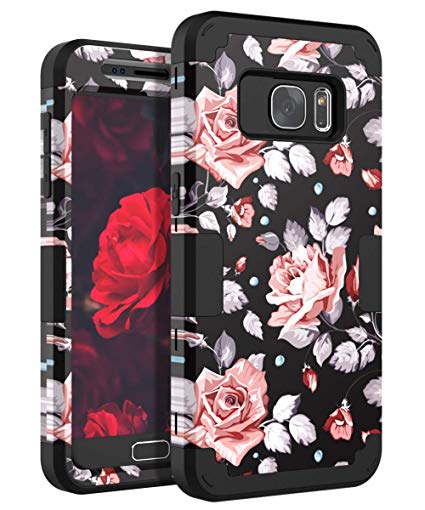 OBBCase Galaxy S7 Case,Three Layer Heavy Duty Hybrid Sturdy Armor High Impact Resistant Protective Cover Case for Samsung Galaxy S7 Rose Flower/Black