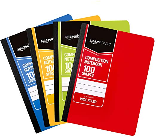 AmazonBasics Wide Ruled Composition Notebook, 100 Sheet, Assorted Solid Colors, 4-Pack