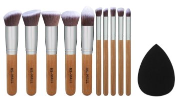 BS-MALL Bamboo Silver Premium Synthetic Kabuki Makeup Brush Set Cosmetics Foundation Blending Blush Face Powder Brush Makeup Brush Kit Plus Black Teardrop Makeup Blender Sponges