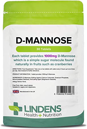 Lindens D-Mannose 1000mg Tablets | 30 Pack | Each Tablet Provides 1000mg D Mannose which is a Simple Sugar Molecule Found Naturally in Fruits Such as Cranberries