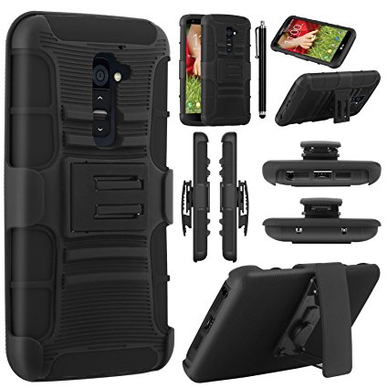 LG G2 Case, [Kick-Stand Holster Belt Clip ] Case for LG G2, EC™ Rugged Hybrid Impact Heavy Duty Hard Rubber Cover Case for LG G2 With Belt Swivel Clip Holster   Screen Protector and Stylus(AT&T D800, T-Mobile D801,Global D802) (Black/Black)