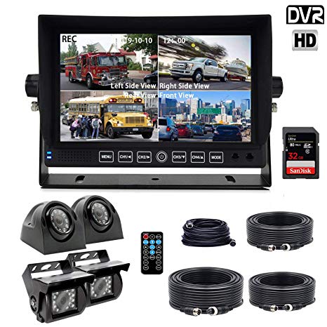 Douxury Backup Camera System, 4 Splite Screen 7'' Quad View Display HD Monitor with DVR Recording Function, Waterproof Night Vision Cameras x 4 for Truck Trailer Heavy Box Truck RV Camper Bus