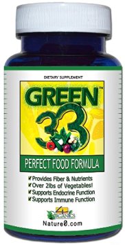 Green 33 Vegetable Daily Greens-in-a-Pill Superfoods Supplement (Bottle 45 Capsules) by 4 Organics - All Natural 100% Whole-Food Vegetable Vitamin Tablet - Satisfaction Guaranteed