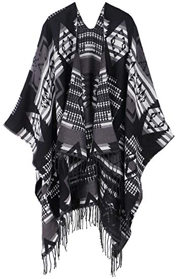 Women's Draped Fringed Shawls Open Front Abstract Pattern Cardigans Poncho Wrap
