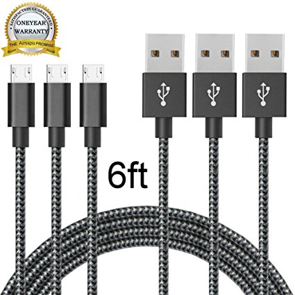 Micro USB Cable,Airsspu 3Pack 6FT Long Premium Nylon Braided High Speed 2.0 USB to Micro USB Charging Cord Android Fast Charger for Samsung Galaxy S7/S6/S5/Edge,Note 5/4/3,HTC,LG,Nexus(Black White)