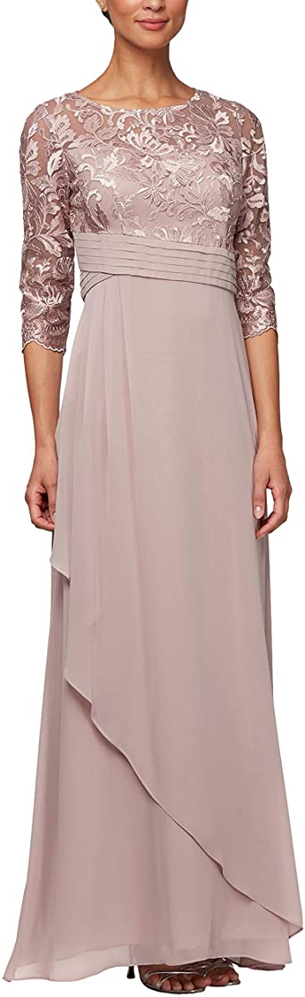 Alex Evenings Women's Long V-Neck Lace Dress with Overlay Skirt