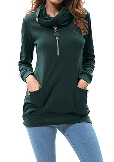 Levaca Womens Long Sleeve Button Cowl Neck Casual Slim Tunic Tops with Pockets