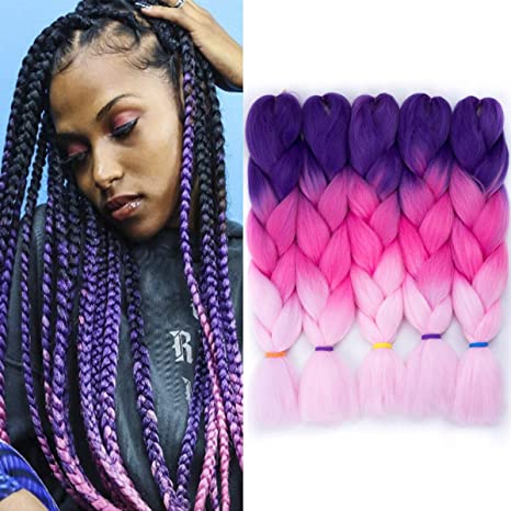 5 Packs/Lot African Kanekalon Jumbo Braiding Hair 3 Tone Ombre 24Inch Pre Stretched Colorful Synthetic Jumbo Braids Hair Extension for Senegalese Twists(Lavender-Peach-Pink)