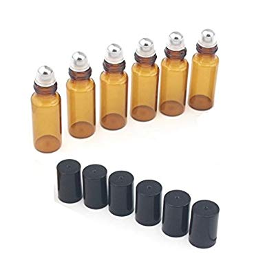 SUNREEK™5ml Amber Glass Roller Bottles--Set of 15 with With Metal Ball for Essential Oil,Aromatherapy,Perfumes and Lip Balms