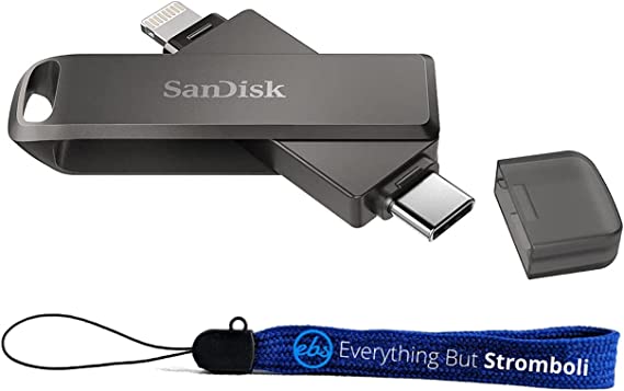 SanDisk 256GB iXpand Flash Drive Luxe for iPhone, iPad, USB Type-C Devices - USB 3.1 for Lightning & Type C Android Ports (NOT Type-A) SDIX70N-256G-GN6NE Bundle with 1 Everything But Stromboli Lanyard