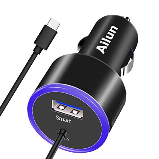 Ailun Fast Car Charger, QC3.0 Adapter 1M Built in USB Type C Cable,35W Blue Ring Light,Compatible Galaxy S9,S8 S7,Note 8 9,LG G6 G5, HTC 10, Nexus 6P 5X, Moto,LG,MacBook, iPhone,OnePlus More