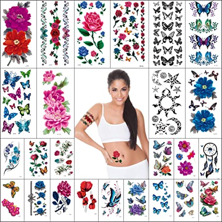 Terra Tattoos 45 Sheets Multi Color Mixed Style/Size Temporary Tattoo Stickers Butterflies, Flowers, Stars, Moon, Dreamcatcher, Feathers, Roses for Adults & Kids