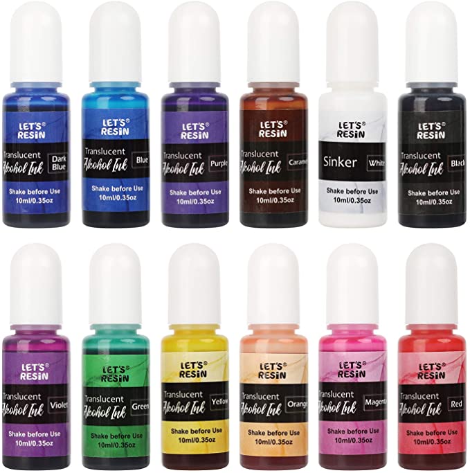 LET'S RESIN Alcohol Ink - Super Bright Colors Alcohol Inks Set Each Bottle 0.35oz, New 12 Colors Translucent Alcohol-Based Ink, Great for Resin Petri Dish, Tumbler Cups, Alcohol Ink Art Craft