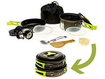 Camping Cookware Mess Kit w/LED Headlamp for Backpacking, Hiking, Survival Bug-out Bag - 11 Piece Cookware w/Pot, Pan & Utensils for 1 or 2 persons - Lightweight, Compact & Durable