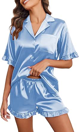 Ekouaer Womens Satin Pajamas Set Button Down Silk 2 Piece Pj Sets Ruffled Short Sleeve Sleepwear