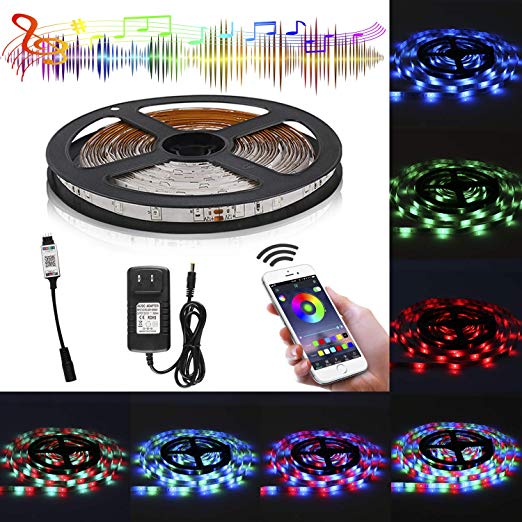 Music Bluetooth Controlled LED Light Strip 16.4ft Waterproof SMD2835 300LEDs with 12V Power Supply for Indoor Decor TV Mirror Bedroom Home Party