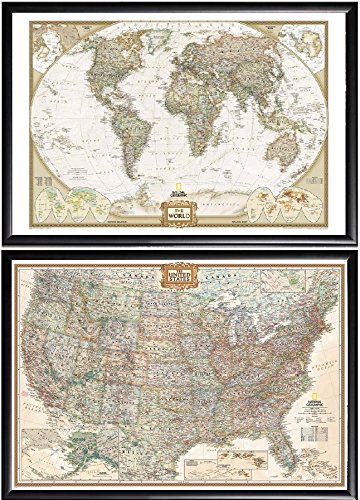 Poster Art House 2 Push Pin Maps by National Geographic, 1 World Map and 1 US Map Framed (Premium Black Wood)