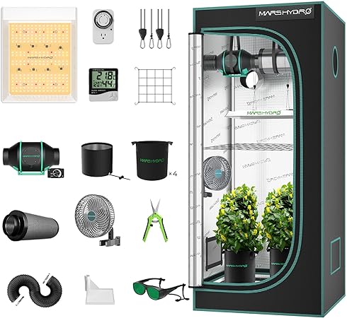 MARS HYDRO 2x2 Grow Tent Kit for New Grower 100W TS600 LED Grow Light, 24"x24"x55" 1680D High Reflective Mylar Grow Tent with 4” Ventilation System, Grow Tent Clip Fan