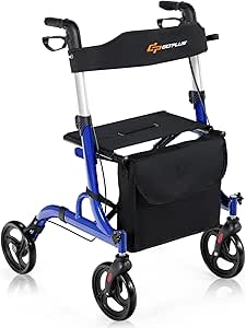 Goplus 2 in 1 Rollator Walkers for Seniors with Seat, 8" Wheels Medical Rolling Walker with Adjustable Handle, Aluminum Folding Mobility Walking Aid for Adult Elderly